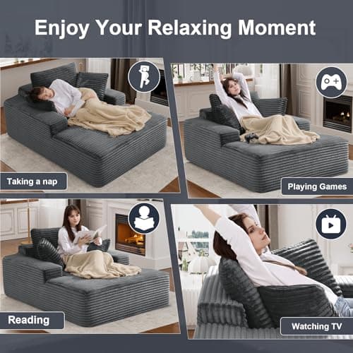 Oversized Dark Gray Faux Fur Chaise Lounge Chair with Recliner & Throw Pillows