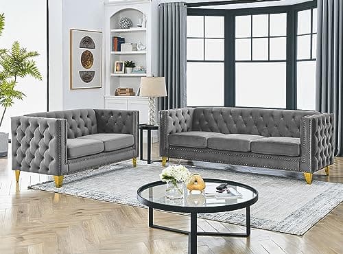 80-inch Sofa + 58-inch Loveseat Set, Modern Velvet Couch with Gold Nail Details and Black Legs