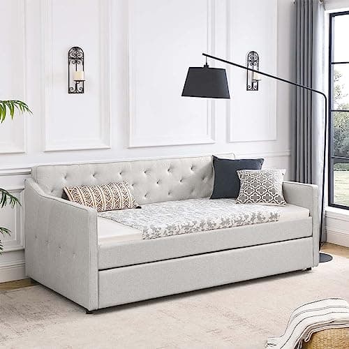 Antetek Beige Fabric Twin Daybed with Pull-Out Trundle & No Box Spring
