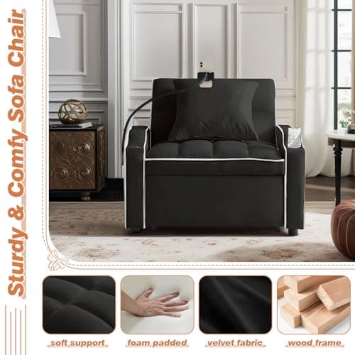 Modern Velvet Sleeper Sofa Bed with Charging Ports, Black