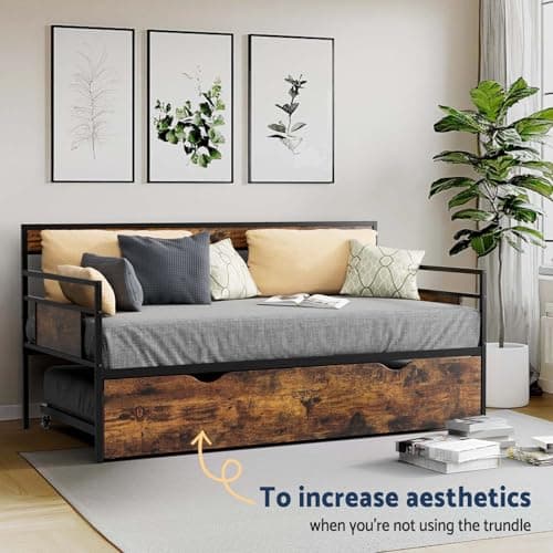 Twin Daybed with Trundle, Rustic Metal Frame, Saving Space Living Room Bed