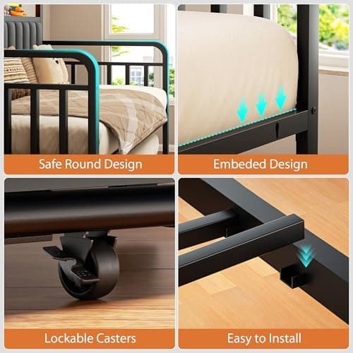 Daybed with Trundle and LED Light, Heavy Duty Metal Twin Bed Frame with Upholstered Storage Headboard & Charging Station, Day Bed Pop Up Trundle Bed Twin for Living Room,Bedroom and Guest Room (Black)