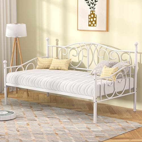 VECELO Metal Twin Daybed with Classic Headboard, White