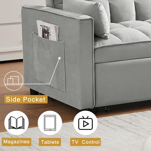 3-in-1 Convertible Sectional Sofa Bed, Grey Velvet | Side Pocket, Adjustable Backrest