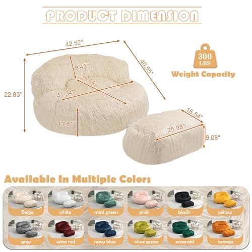 Modern Fluffy Bean Bag Chair with Ottoman, Beige