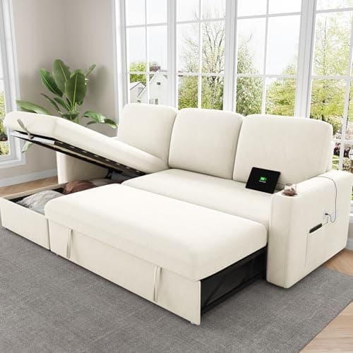 Keyluv 87" Reversible L-Shaped Sofa Bed with Storage & Charging Station, Dark Gray Velvet