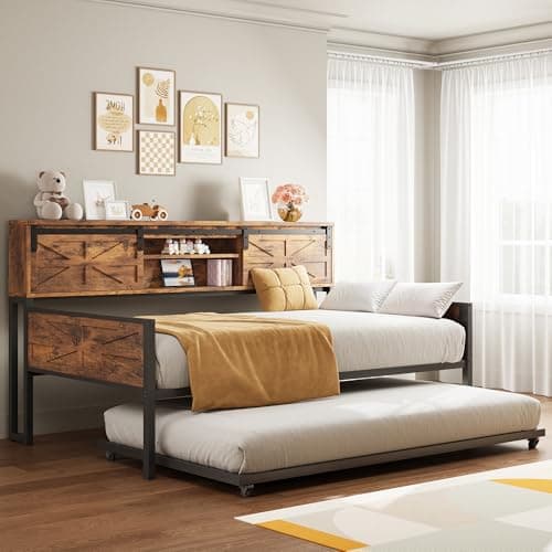 LIKIMIO Industrial Brown Daybed with Trundle, Storage & Charging Station