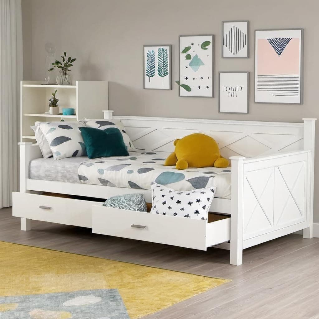 White Farmhouse Twin Daybed with Storage, Pine Wood Frame (No Spring Box)