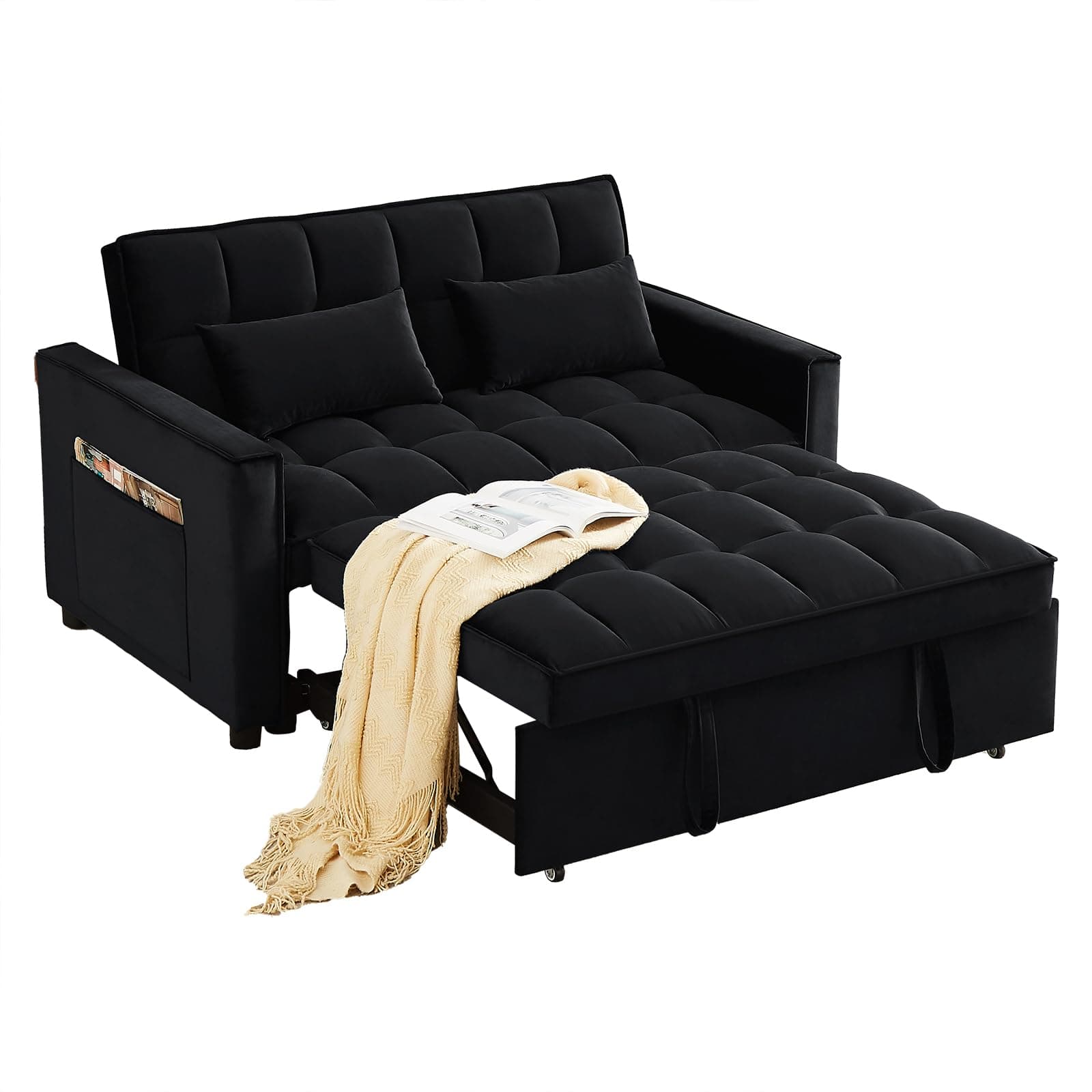 Antetek 3-in-1 Velvet Sleeper Sofa Bed, Black, 54"