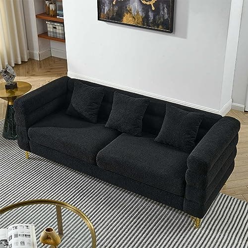 Modern Black Teddy Fabric Love Seat Sofa with Square Arms & Metal Legs for Living Room
