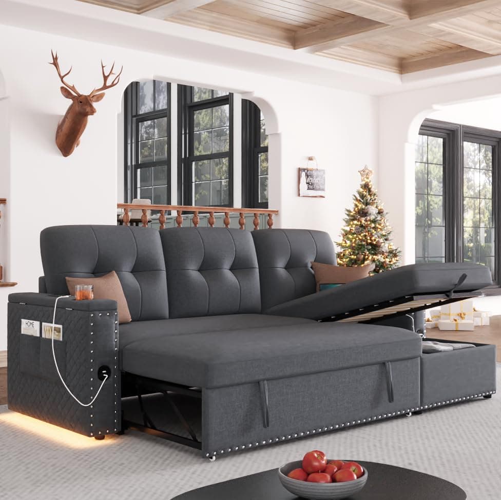 HIFIT Grey Shaped Sectional Sleeper Sofa with Storage & USB Port