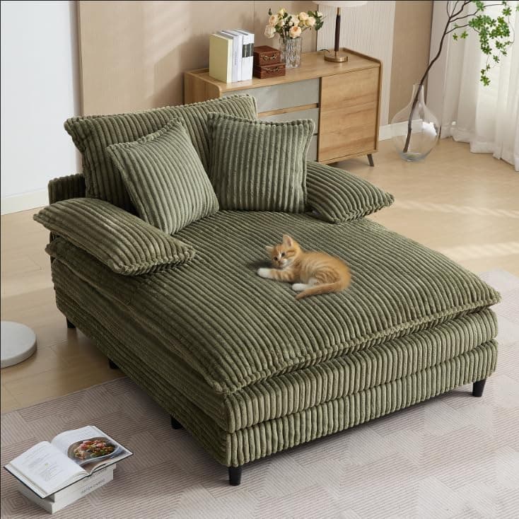 55” Grey Corduroy Comfort Chaise Lounge with 3 Throw Pillows (4-Position Adjust)