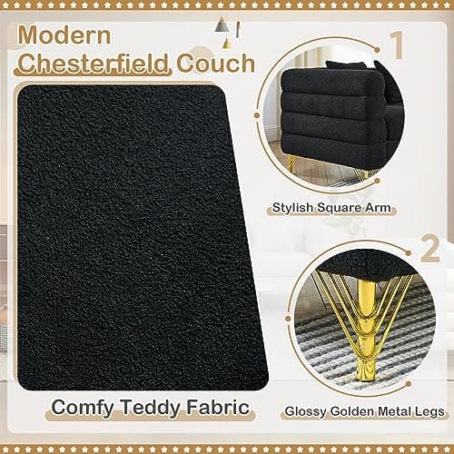 Antetek Modern Black L-Shaped Chaise Lounge Couch with Teddy Fabric and Gold Legs