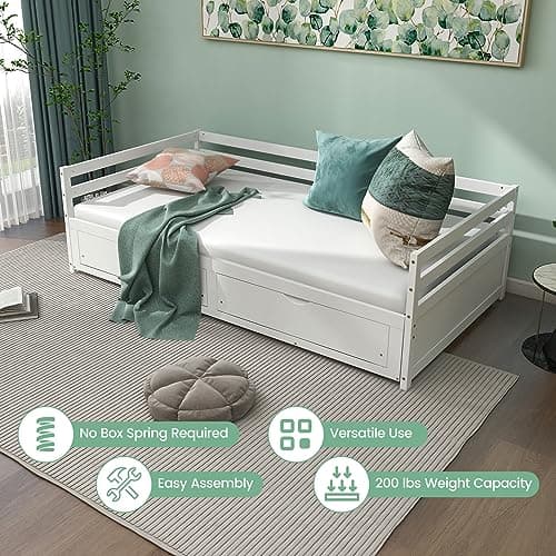 KOMFOTT Extendable Twin to King Daybed, White, with Storage Drawers