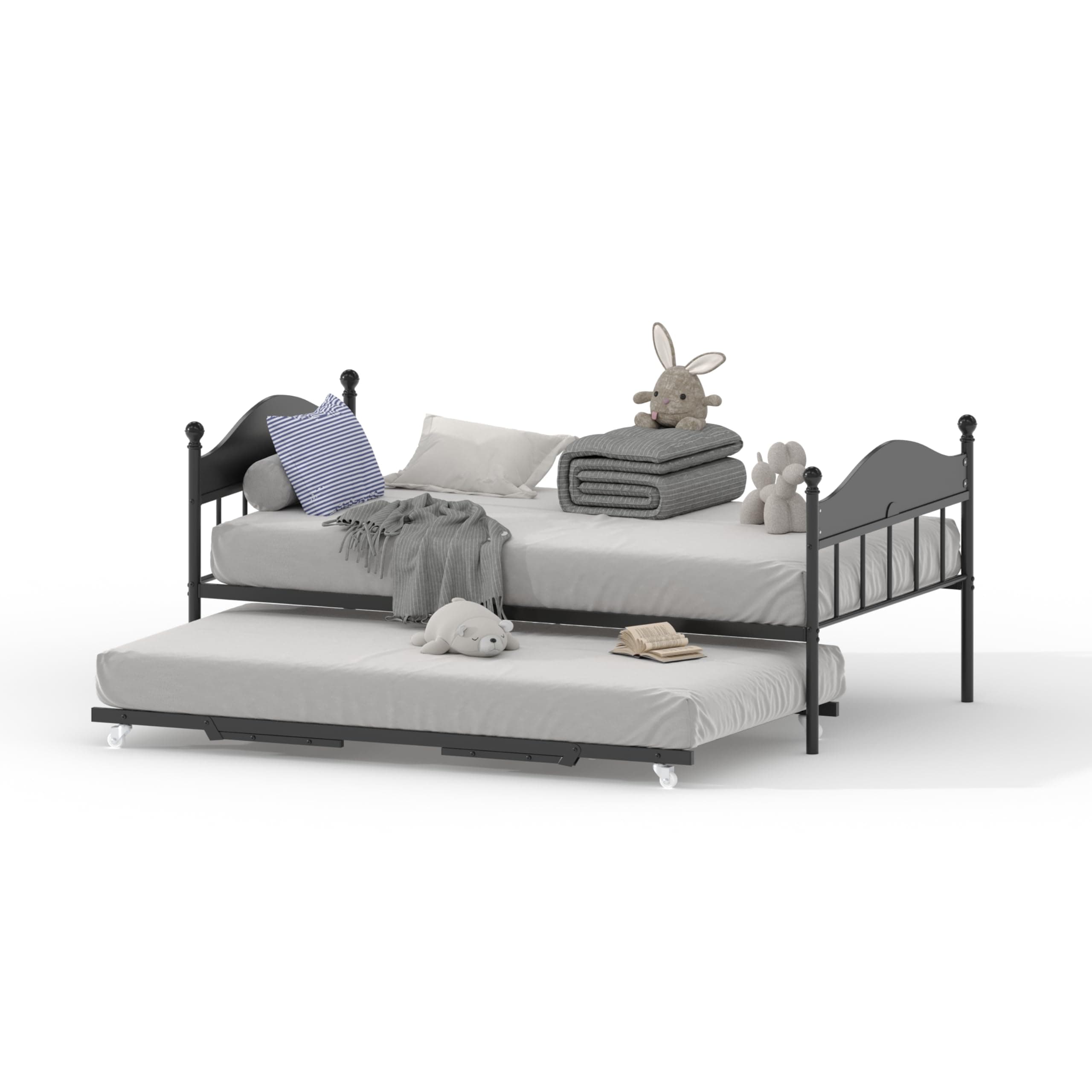 Stylish Metal Twin Size Daybed with Trundle for Living Room, Bedroom and Guest Room, Heavy Duty Steel Slats Platform, Black
| Pop Up Foldable Trundle Daybed with Headboard, Metal Twin Size Day Bed for Bedroom and Guest Room, Black
| Heavy Duty Steel