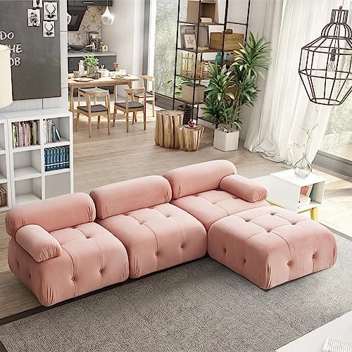 Antetek Modern Velvet L-Shaped 3-Seater Sofa with Movable Ottoman, 93-inch L Couch Furniture Set, Pink