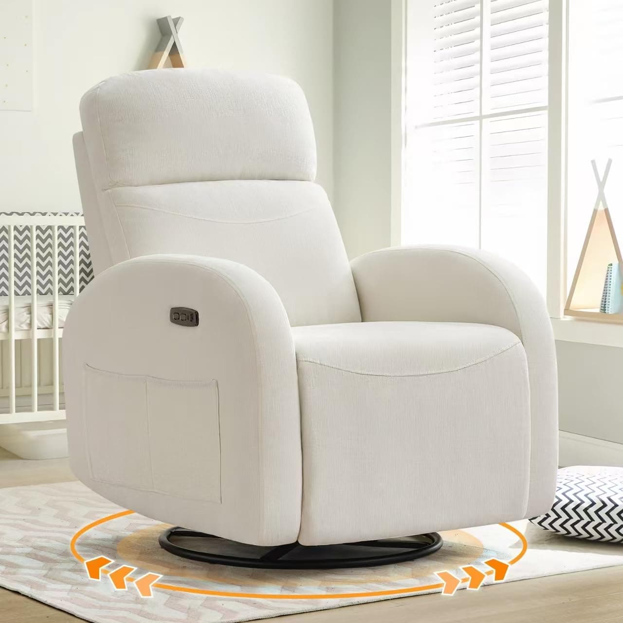 Cream White Power Recliner Glider with USB Ports & Double Pockets