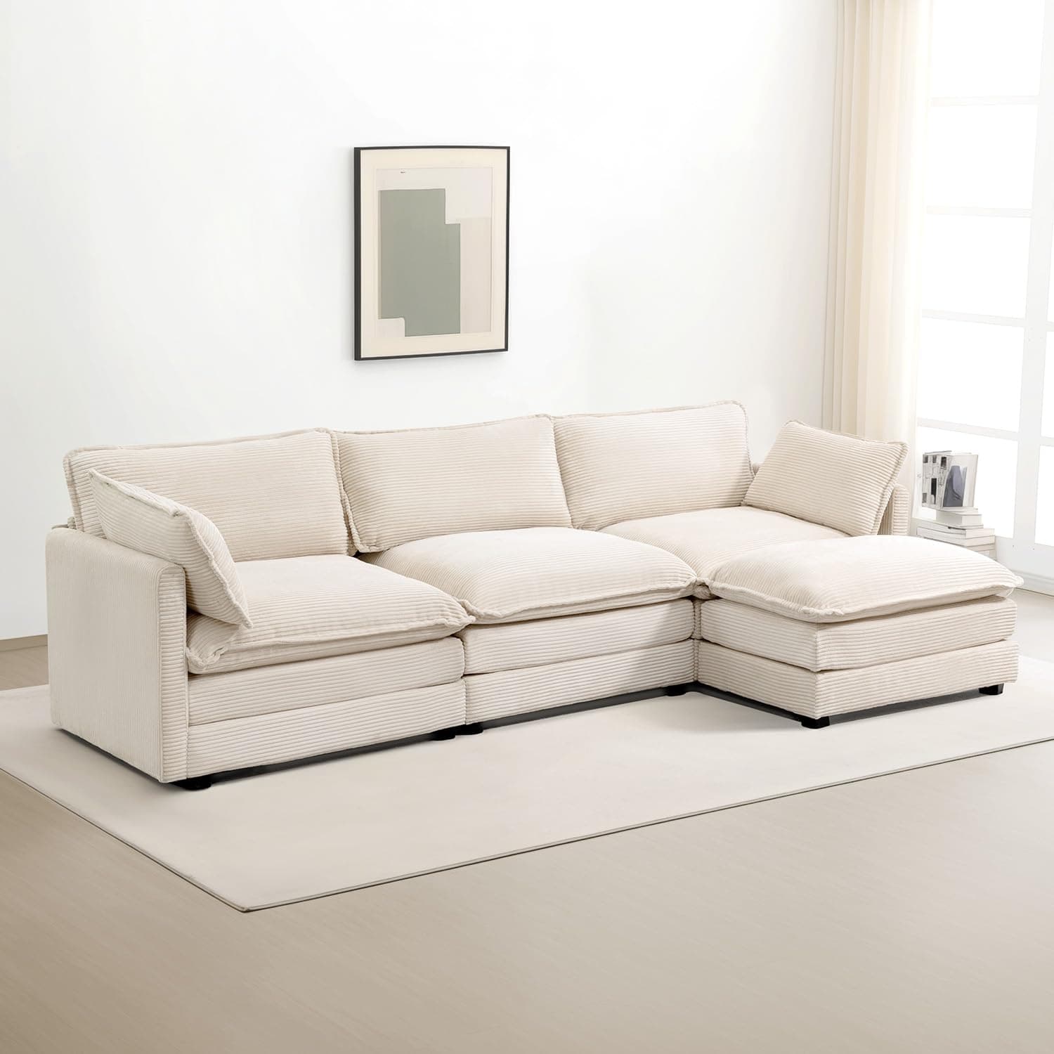 ROWHY Beige Oversized Modular Sectional with Movable Ottoman, 4 Seat L-Shaped Sofa Set
