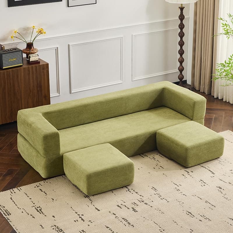 Boneless Convertible SofaBed with Ottomans - Green