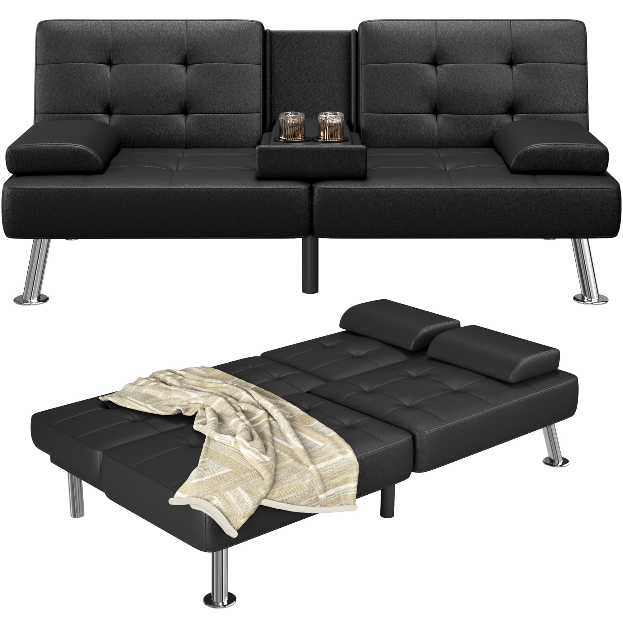 Furmax Adjustable Futon Couch Bed, PU Leather Black for Living Room