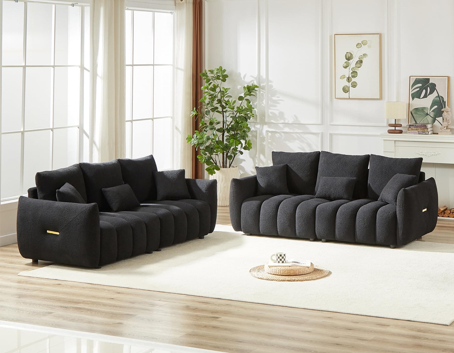 Antetek Oversized Deep Seat Teddy Sofa Set, 2 Pieces Black (82-inch)