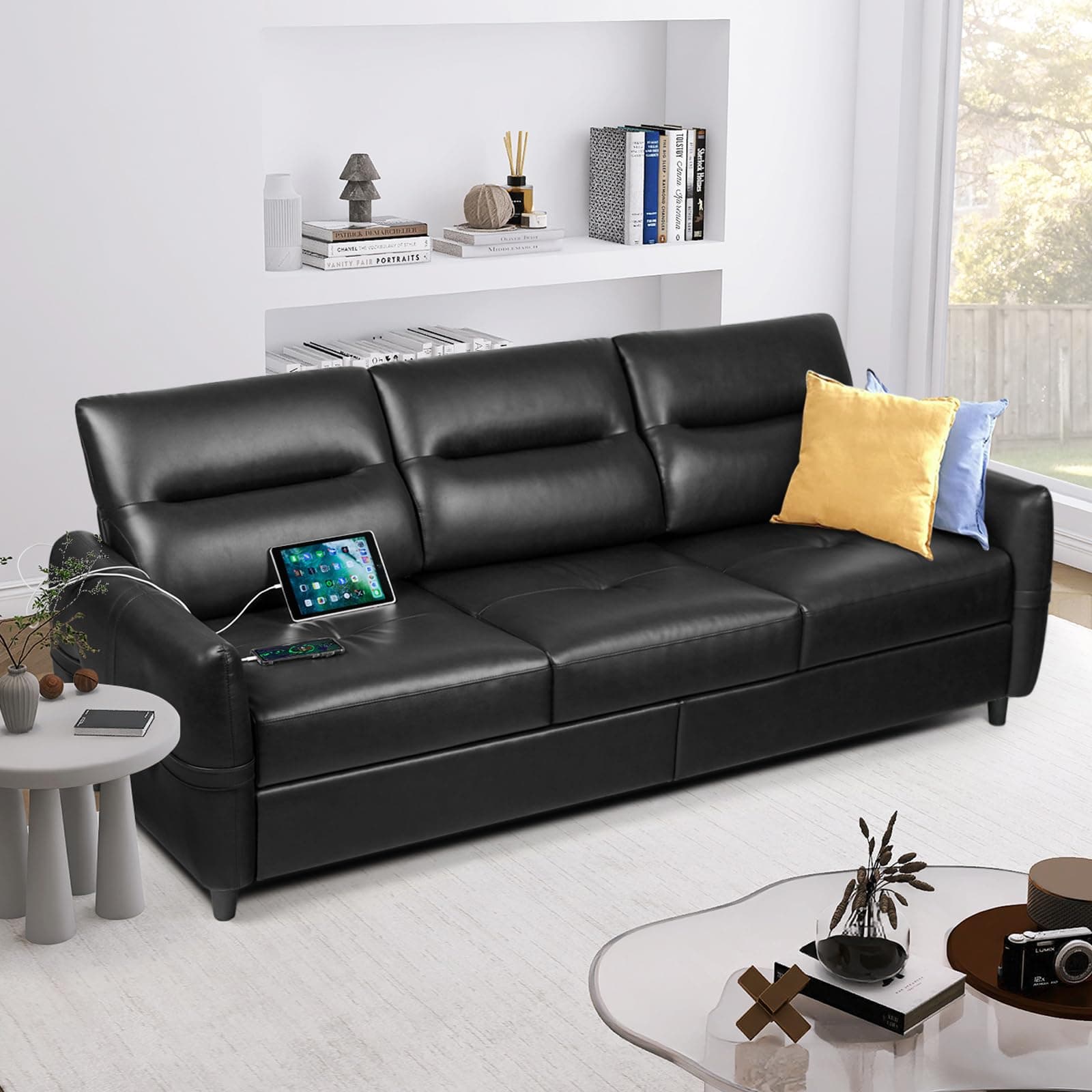 Mid Century Modern 85" Black Leather Sofa with USB Charging Ports