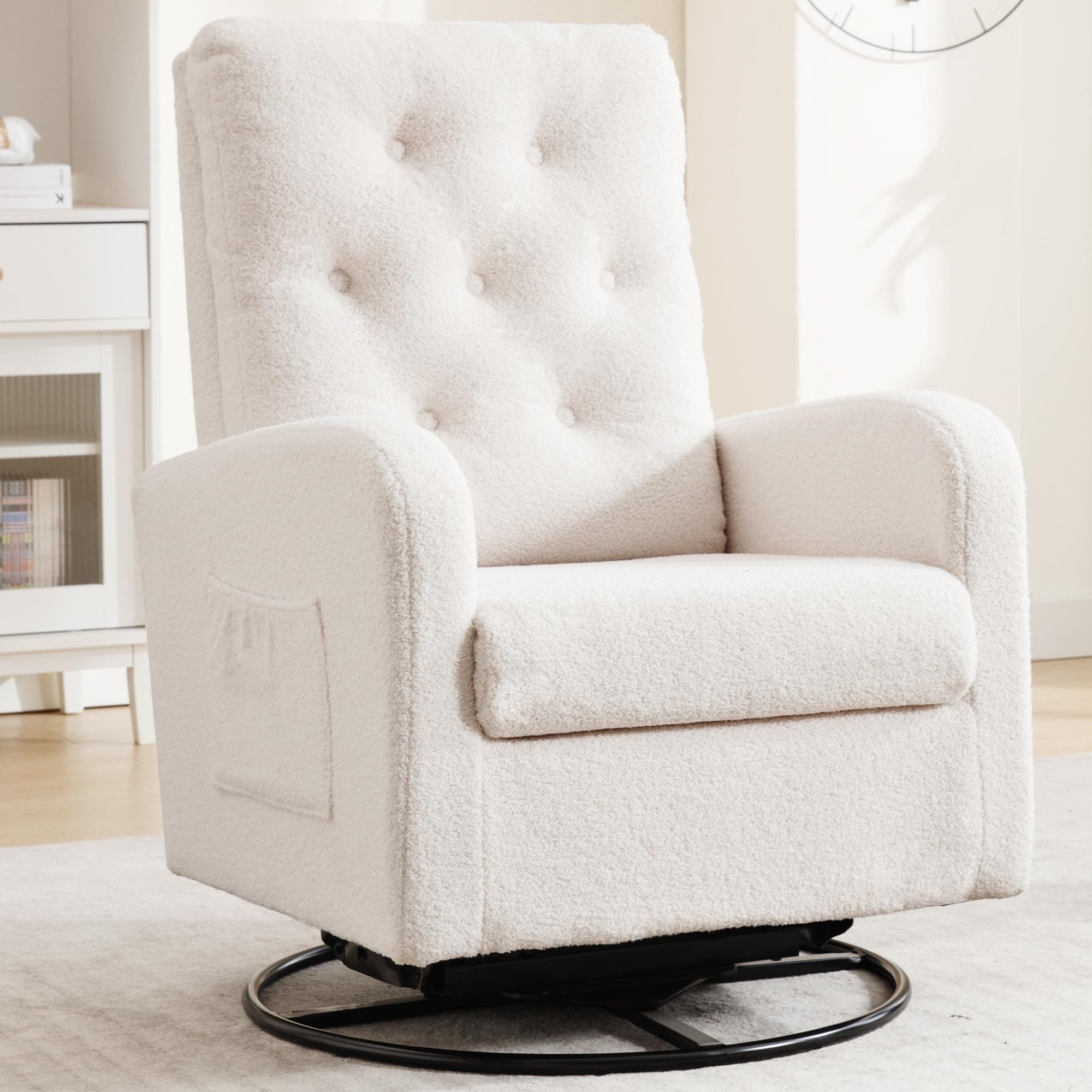 Modern Swivel Glider Rocking Chair with Storage Pocket for Living Room and Nursery White