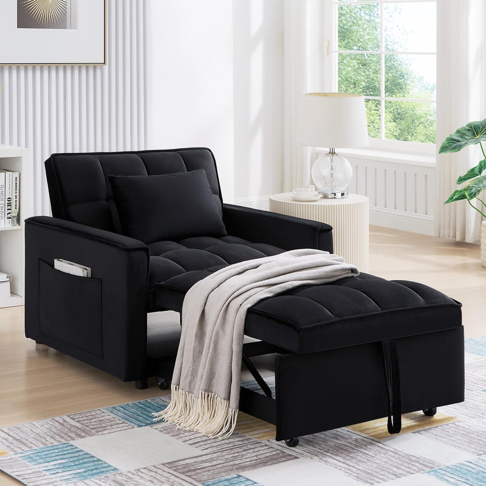 Black Modern Velvet Sleeper Sofa Chair Bed with Adjustable Backrest