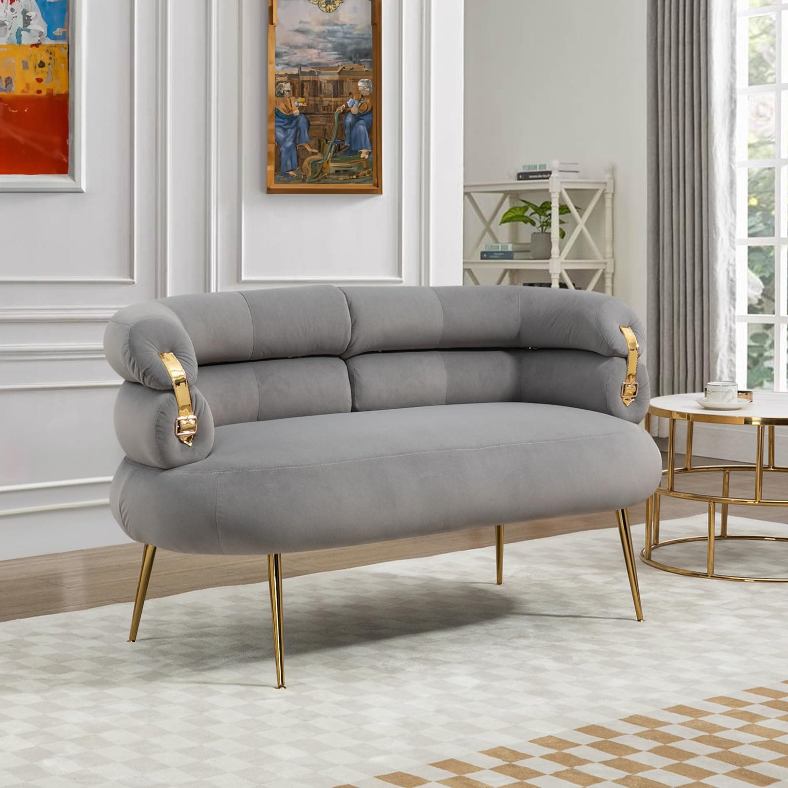 Antetek Velvet Loveseat Sofa with Golden Decor, Grey