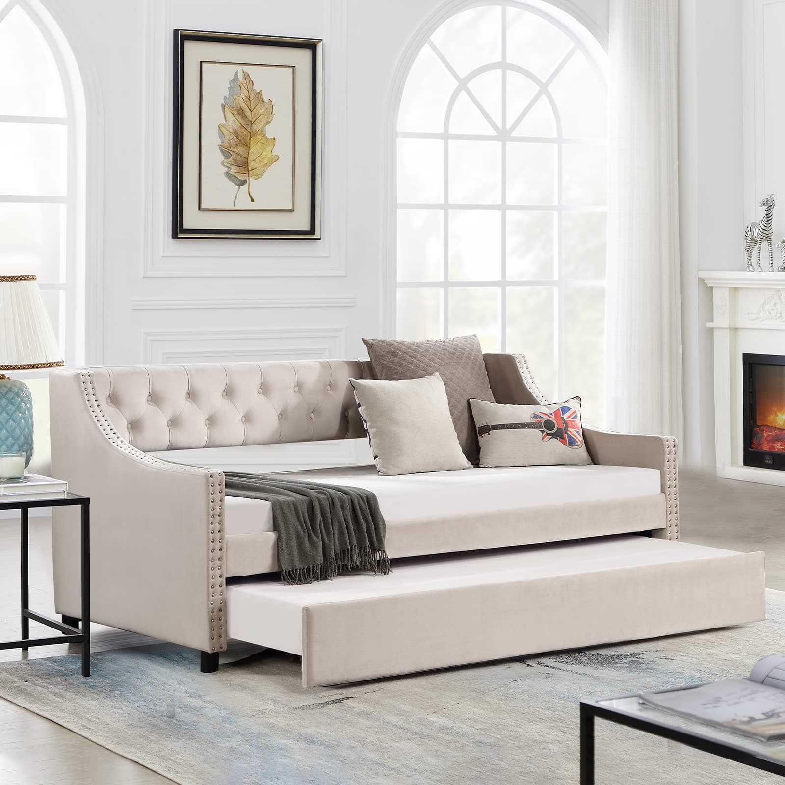 Beige Tufted Button Twin Daybed with Trundle, Modern Upholstered Velvet Sofa Bed