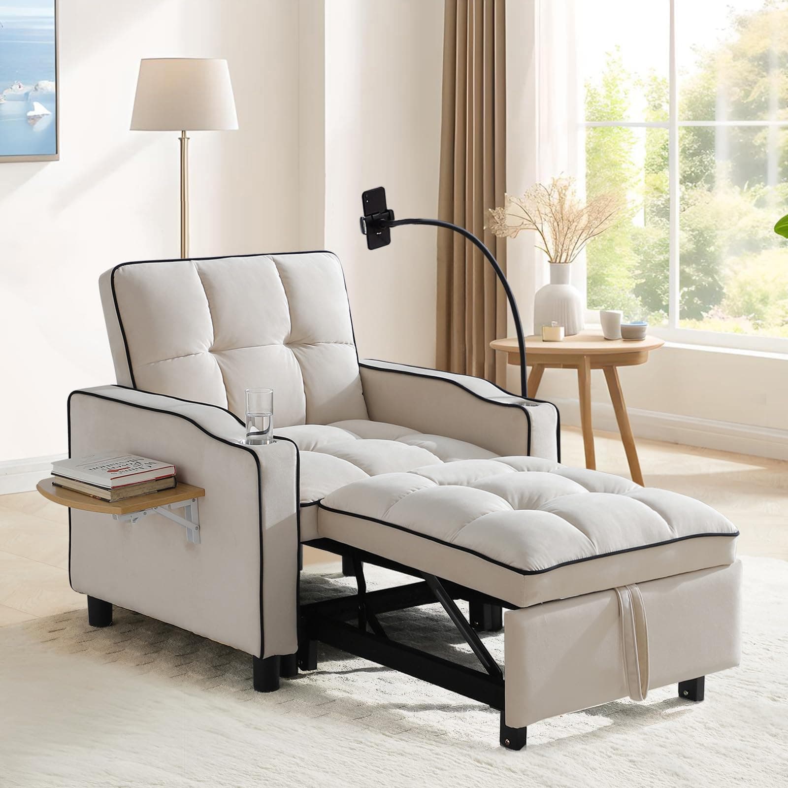 Modern Velvet Tufted Beige Convertible Sleeper Chair with Wing Table and Phone Holder