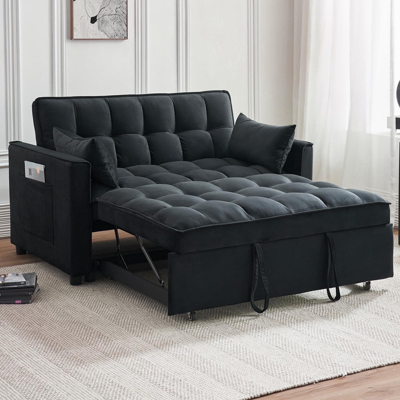 3-in-1 Velvet Sleeper Sofa Bed with Armrests & Storage, Adjustable Backrest, Black