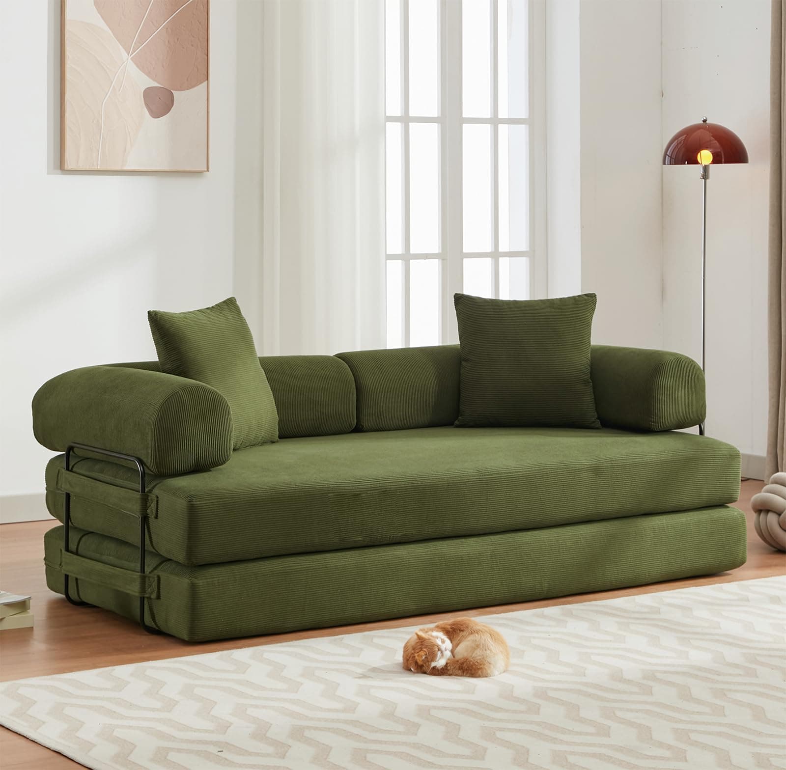 3-Seater Convertible Sofa Bed with Removable Backrest, King Size Green Corduroy for Living Room/Dorm