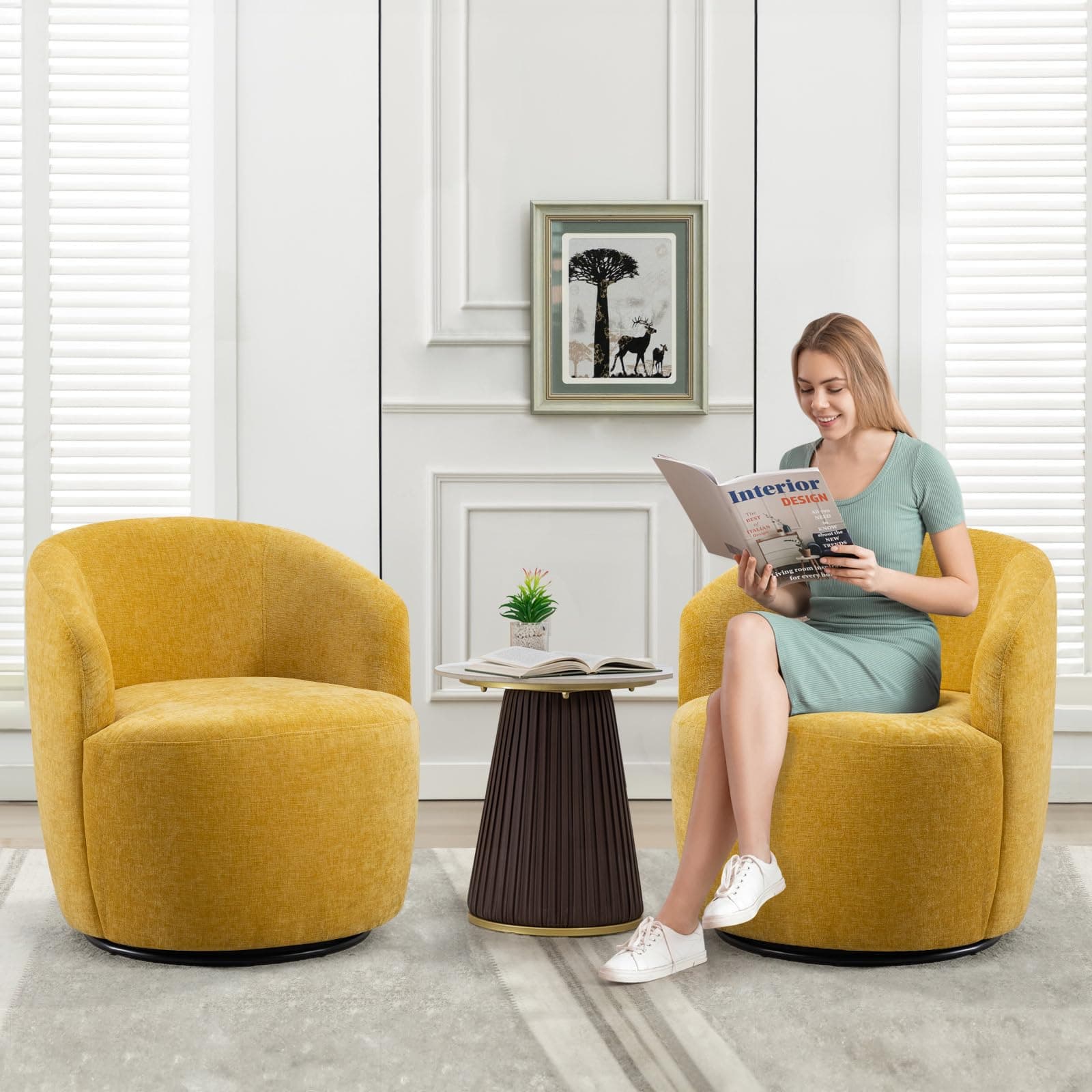Antetek Yellow 360° Swivel Chenille Armchair for Living Room, Nursery, Bedroom