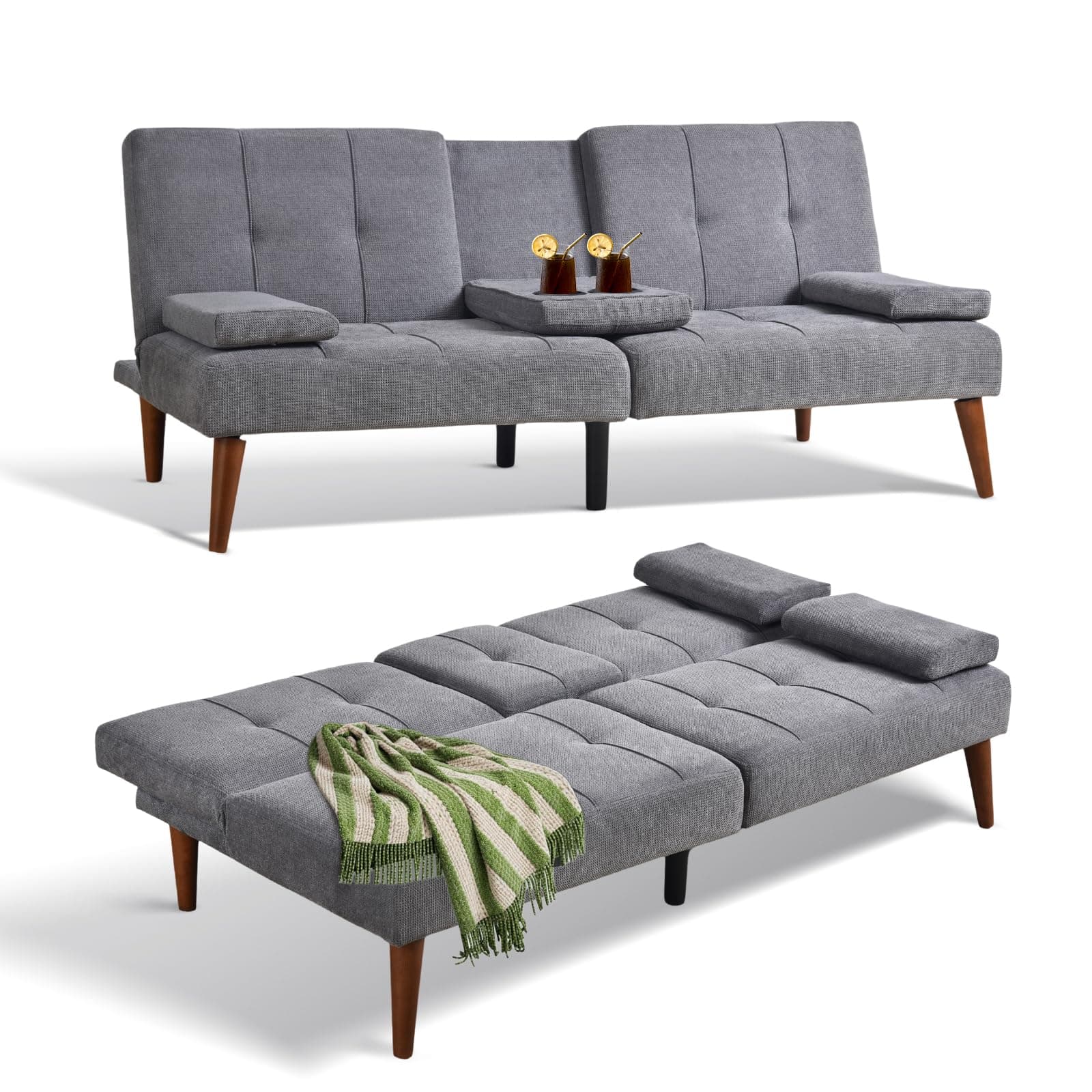COLAMY Convertible Futon Sofa Bed - Light Grey with Cup Holders