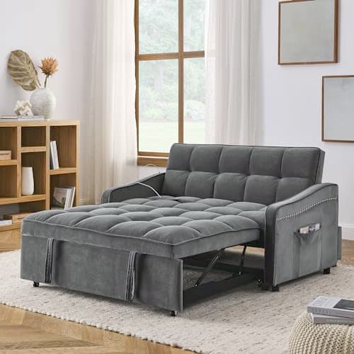 Convertible Sleeper Sofa Chair with USB and Cup Holders - Velvet Daybed for Guests