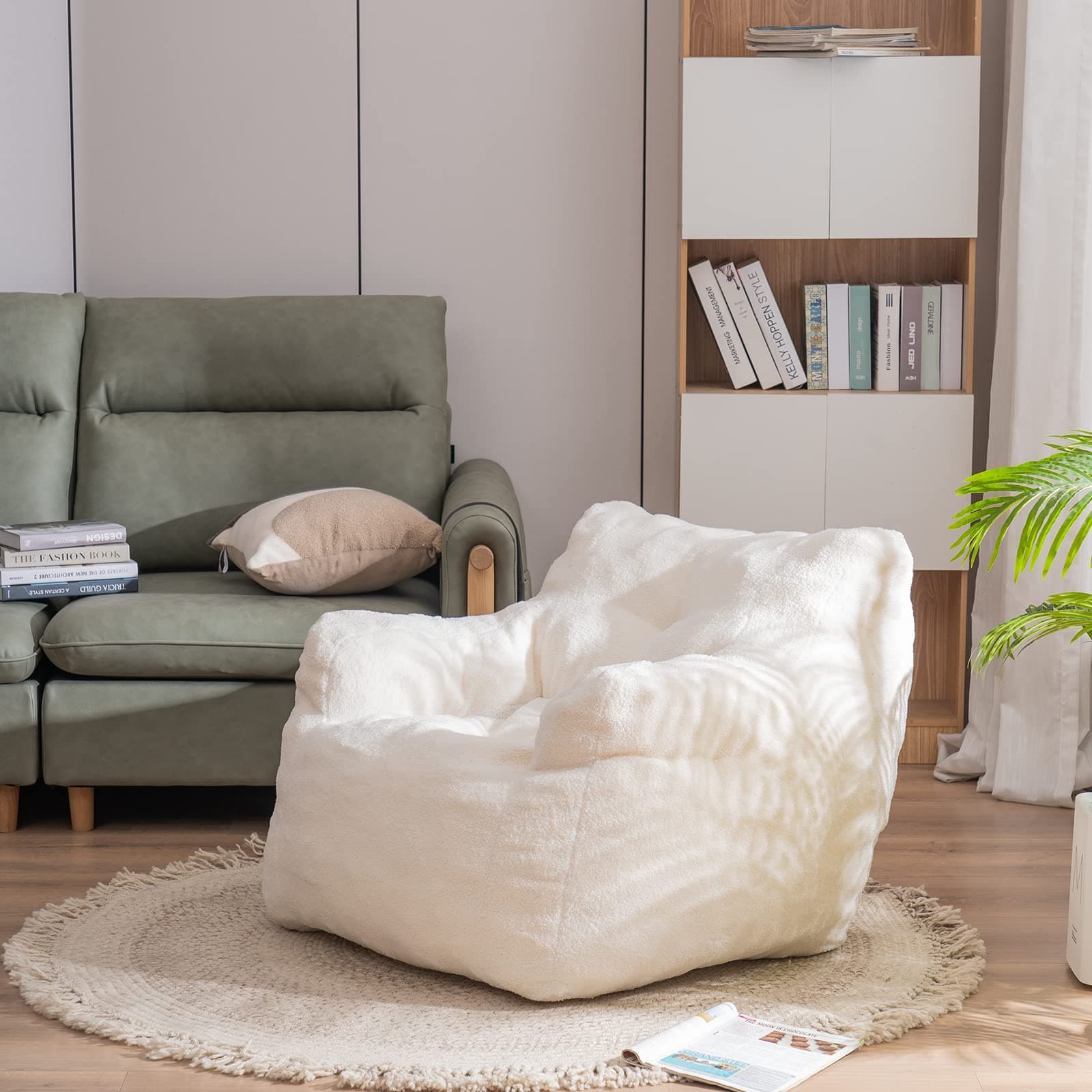 Soft Tufted Foam Bean Bag Chair for Adults and Kids in Ivory Color
