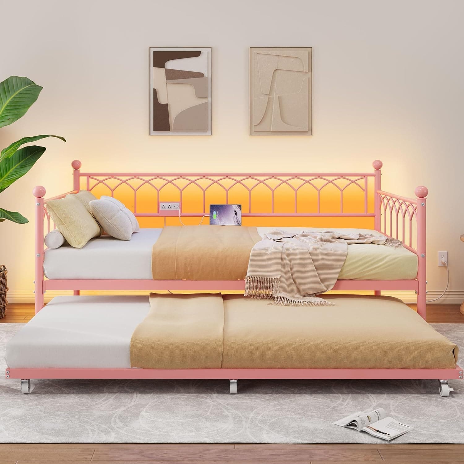 GarveeHome Twin Daybed with Trundle
| Day Bed with Charging Station & LED Lights
| Metal Sofa Bed Frame with Pull Out Trundle for Living Room and Bedroom