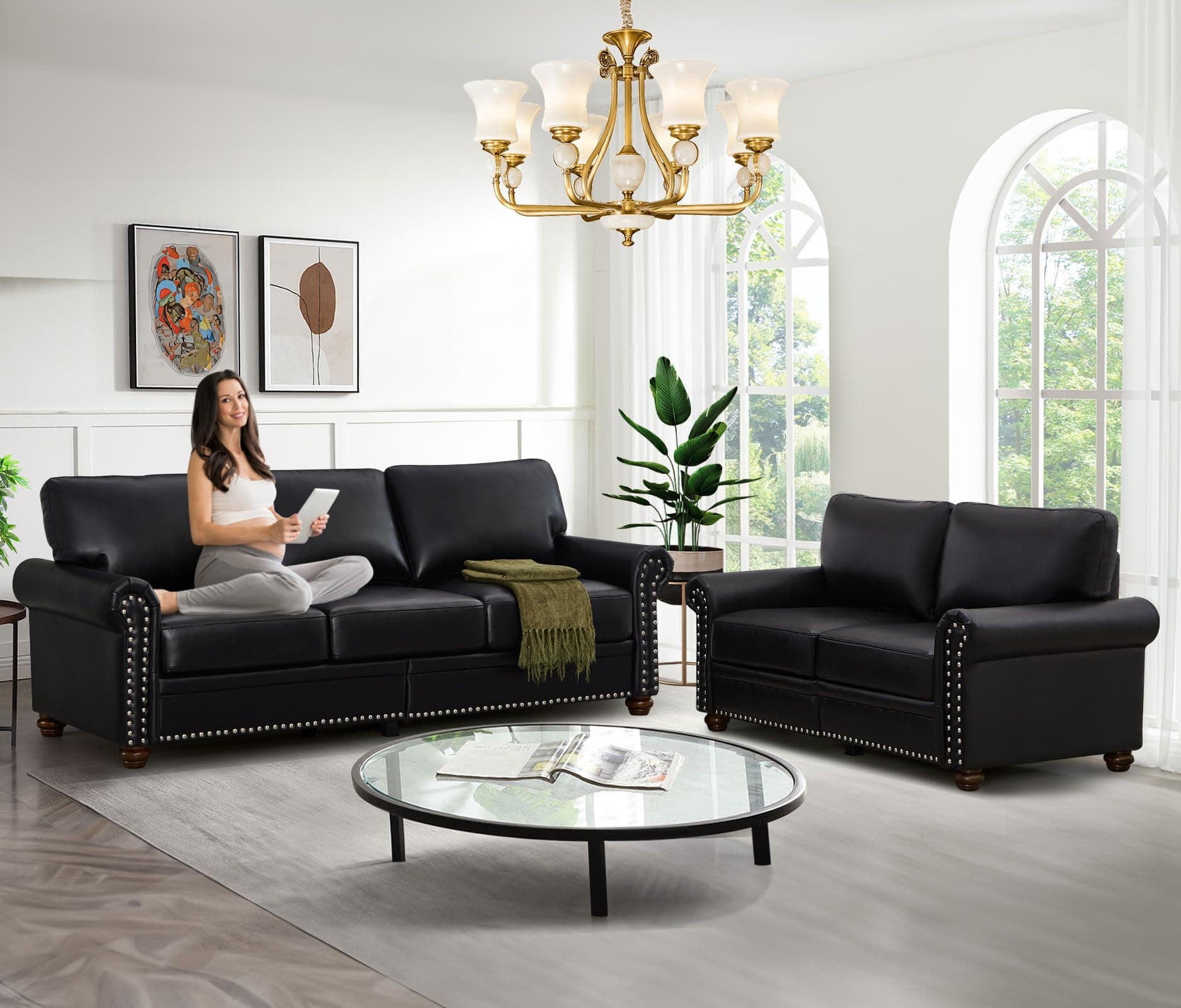 Comfy Upholstered Leather Sofa Set with Storage Space, Black