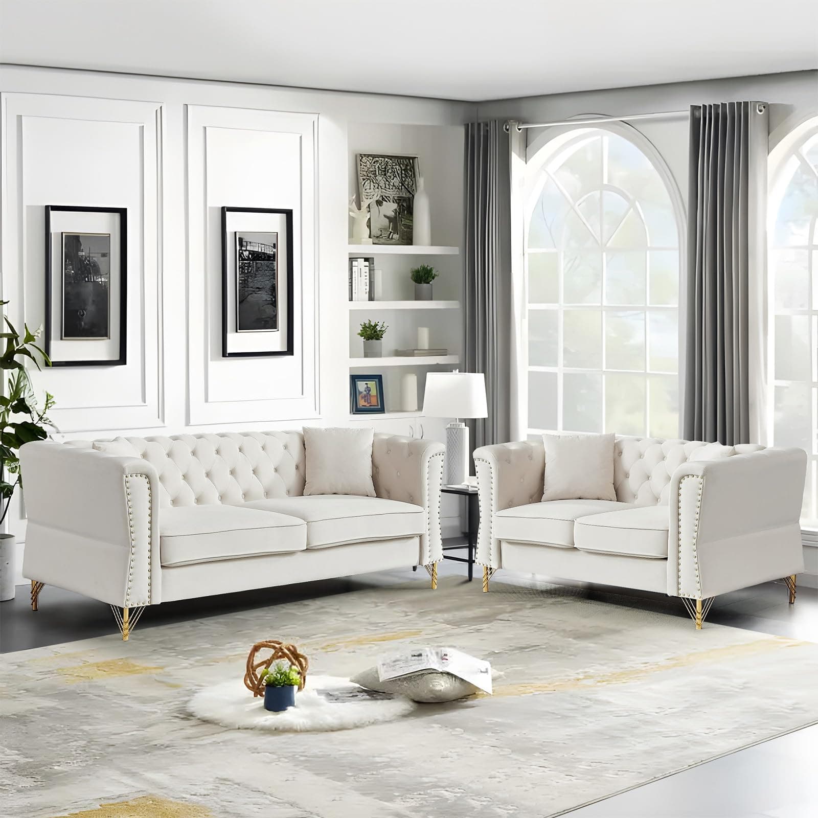Modern Beige Button Tufted Velvet Couch Set 81" Sofa + 60" Loveseat