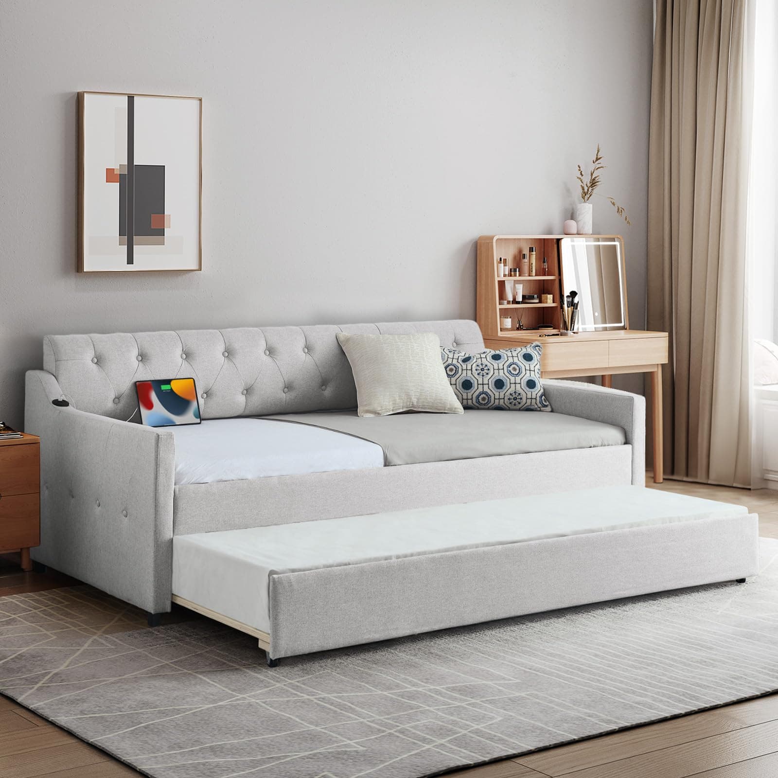 Modern Daybed with Pop Up Trundle, Tufted Linen Upholstered Sofa Bed Frame, Twin to King Size with Ports, Beige
