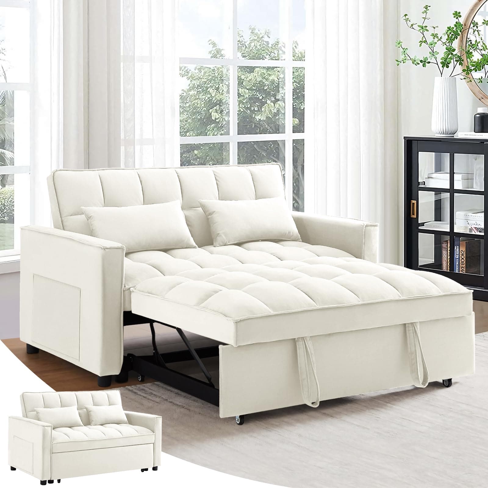 Convertible Sleeper Sofa Bed for Small Living Rooms, Beige Velvet Loveseat Futon Couch with Pullout Bed