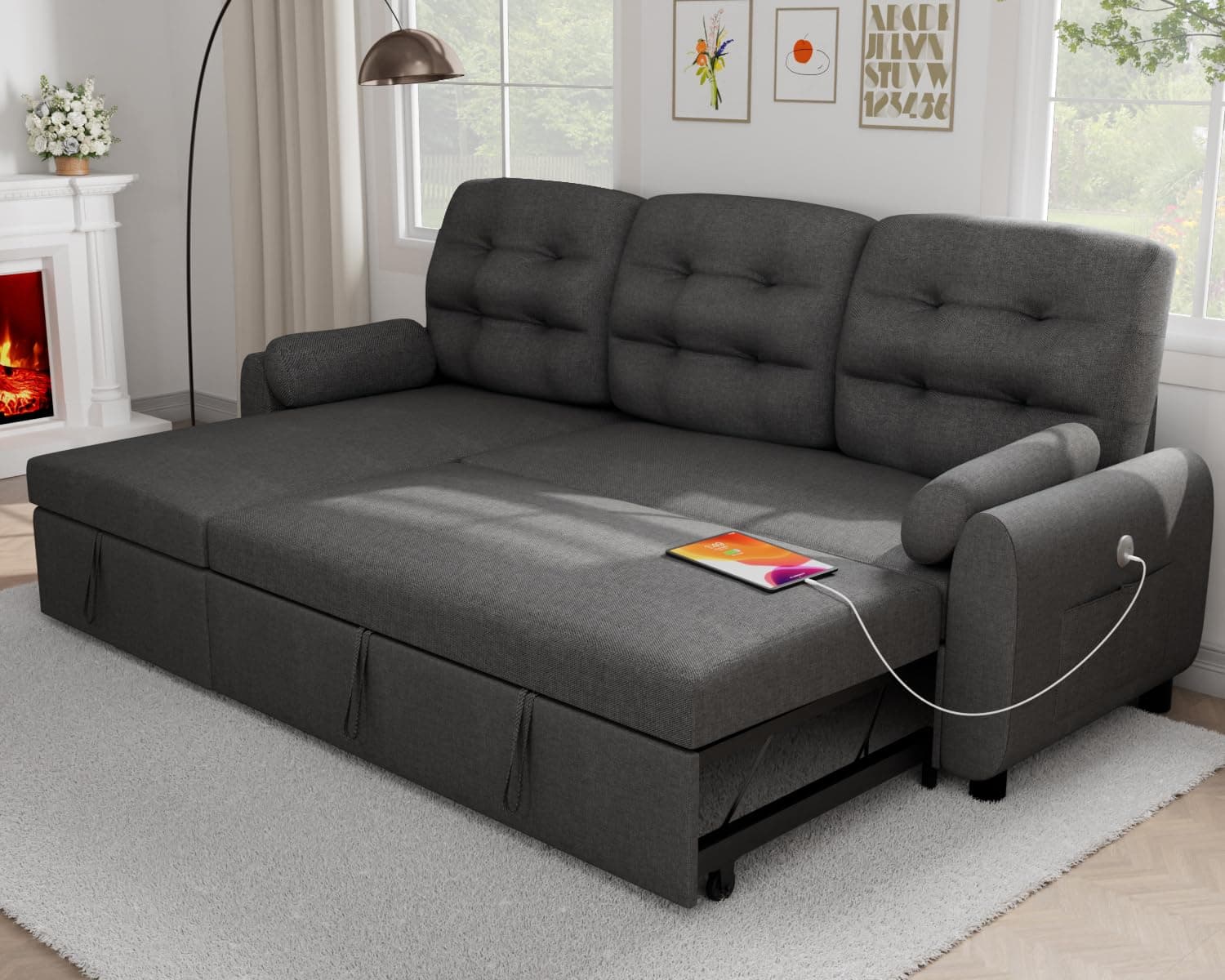 87 Sleeper Sectional Sofa Bed with Storage Chaise - Dark Grey Linen Fabric