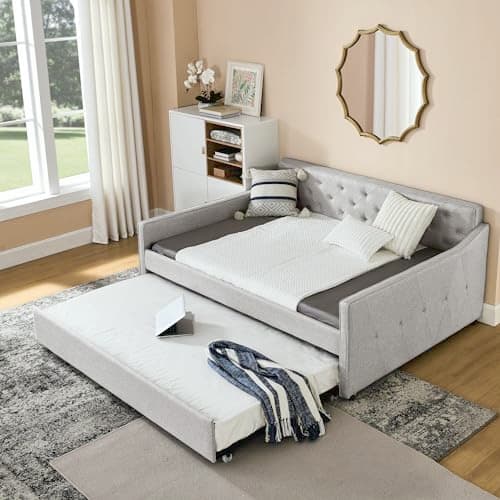 Full Size Daybed with Twin Size Trundle, Upholstered Tufted Day Bed, Beige