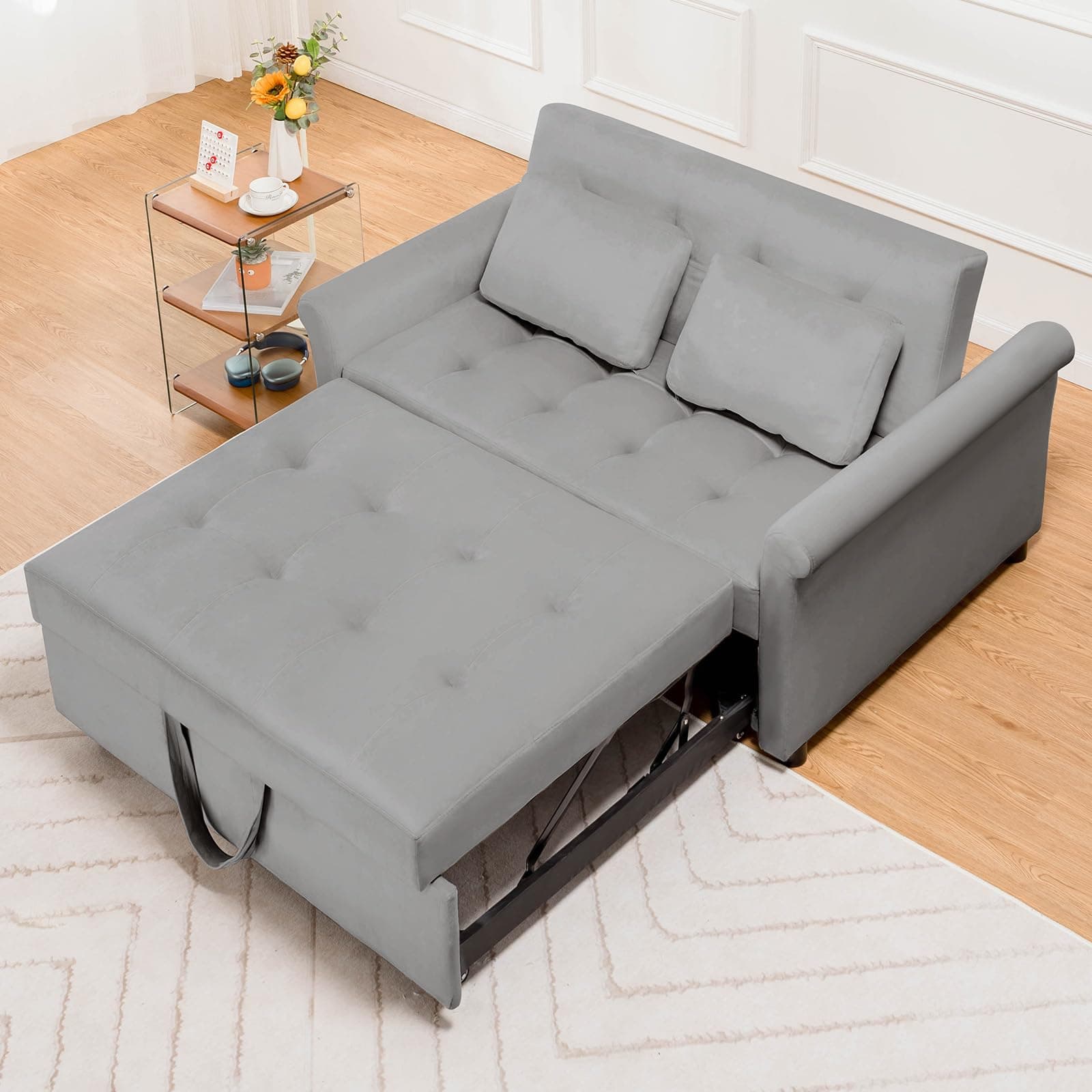 55 Convertible Sleeper Sofa Bed with Reclining Backrest and Pillows for Living Room, Grey
