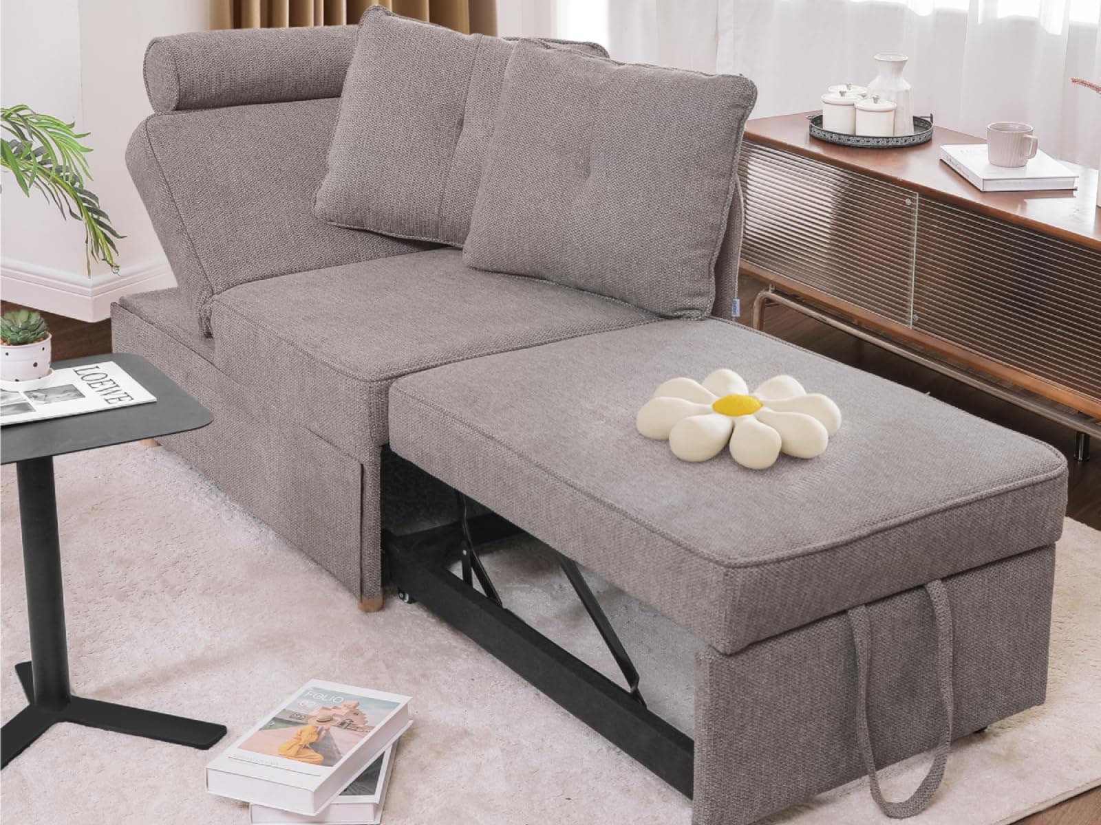 4-in-1 Sleeper Sofa Bed Linen Fabric Couch with 2 Throw Pillows & Single Recliner