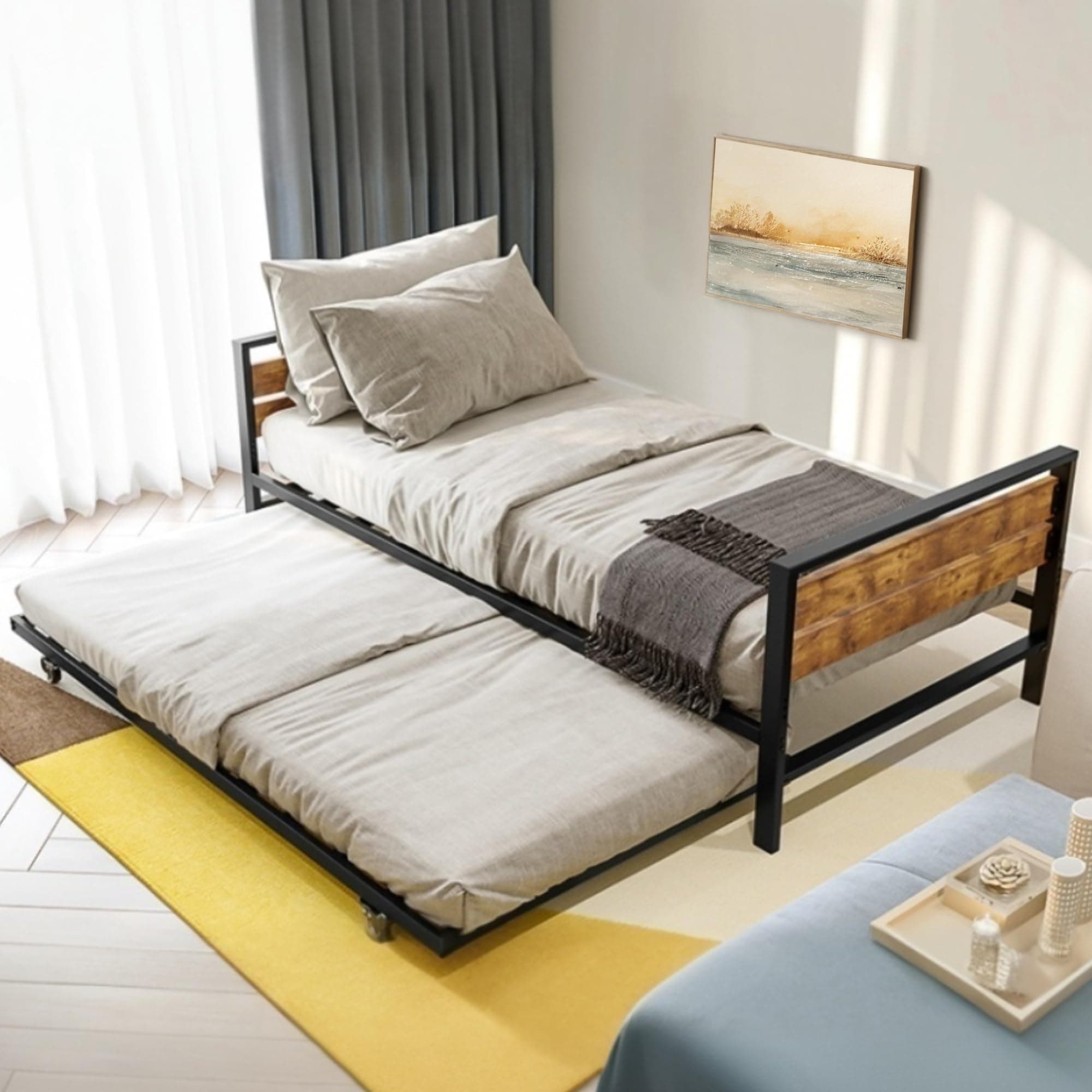 Black DWVO Twin Daybed with Trundle for Guest Room and Living Room, Adjustable Height Trundle Daybed, Metal Sofa Bed Frame with Wood Headboard, Easy Assembly
