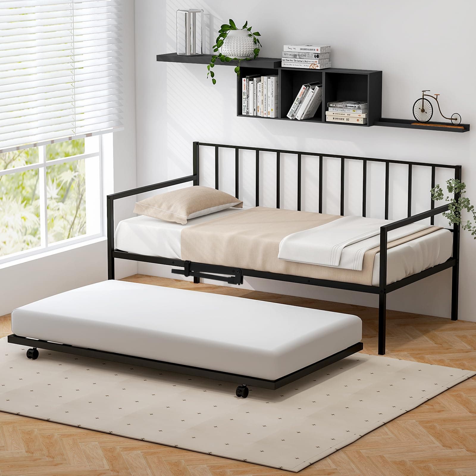 Giantex Black Metal Twin Day Bed with Pullout Trundle & Lockable Casters