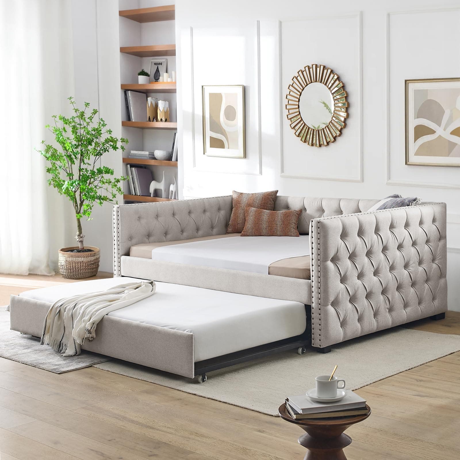 Antetek Modern Upholstered Full-Size Daybed with Trundle for Bedroom and Living Room (Beige)