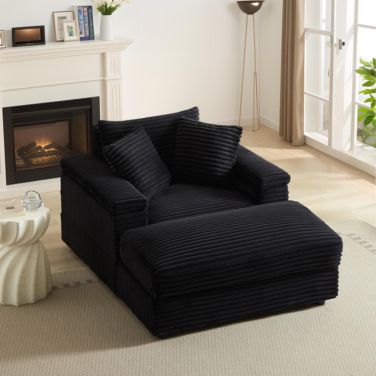 Midcentury Black Comfy Corduroy Chaise Lounge for Living Room, Bedroom, Apartment